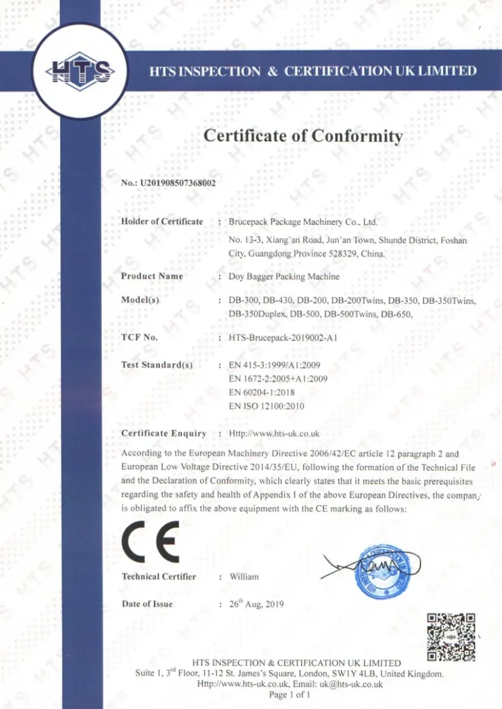 pre-made pouch packing machine certificate