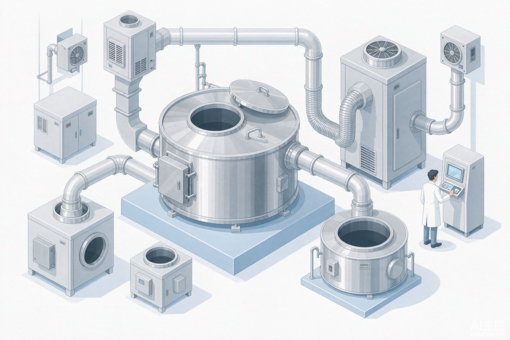 How to Choose a Tablet Coating Machine: Match the Spec to Your Product 4 Isometric illustration of a tablet coating line: coating pan, air handling unit, ducts and control cabinet
