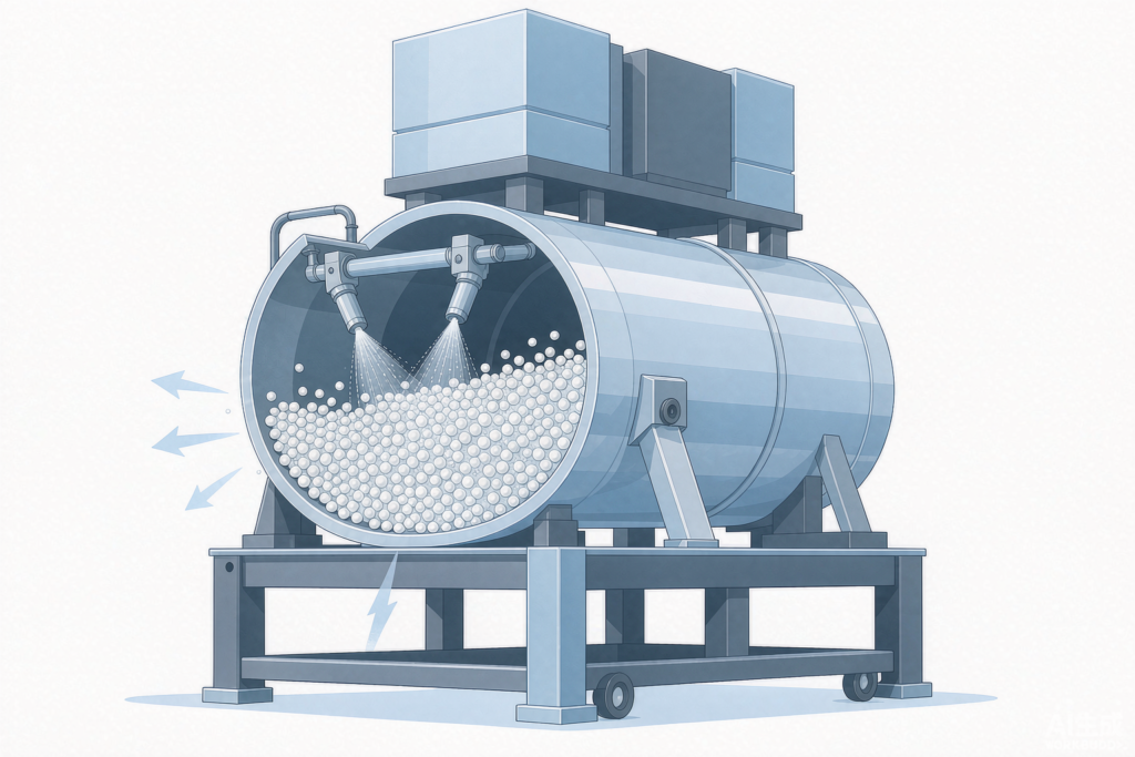 Tablet Coating Defects: Which Part to Check First 1 Cutaway illustration of a coating drum with spray guns atomizing liquid onto the tablet bed